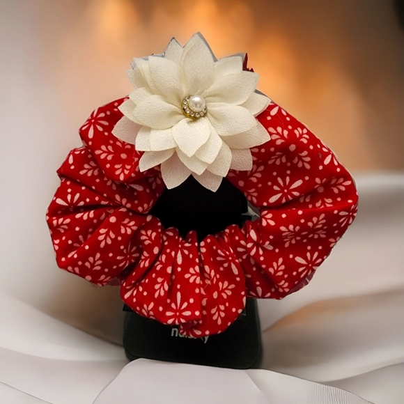 Red Floral Scrunchie with White Pearl Flower - Picture 8 of 9